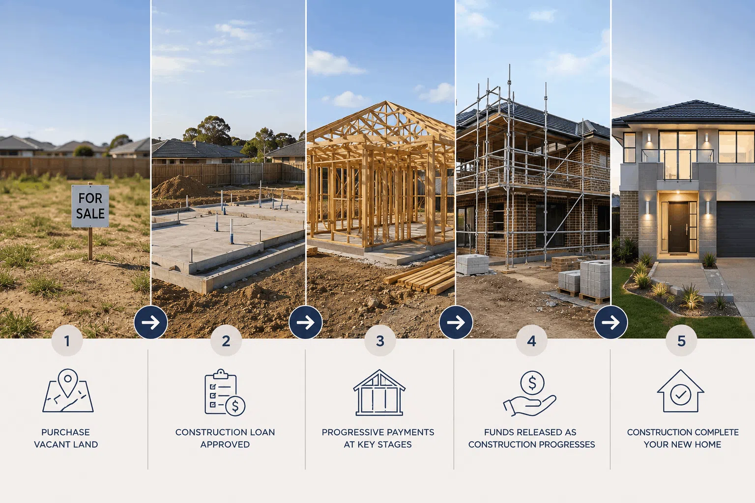 Illustration showing how a land and construction loan works in Australia, from purchasing vacant land through progressive construction loan payments and final home completion.