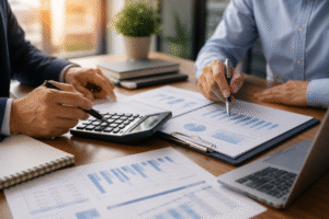 Finance broker discussing property development feasibility, GRV, TDC and lending options with a developer