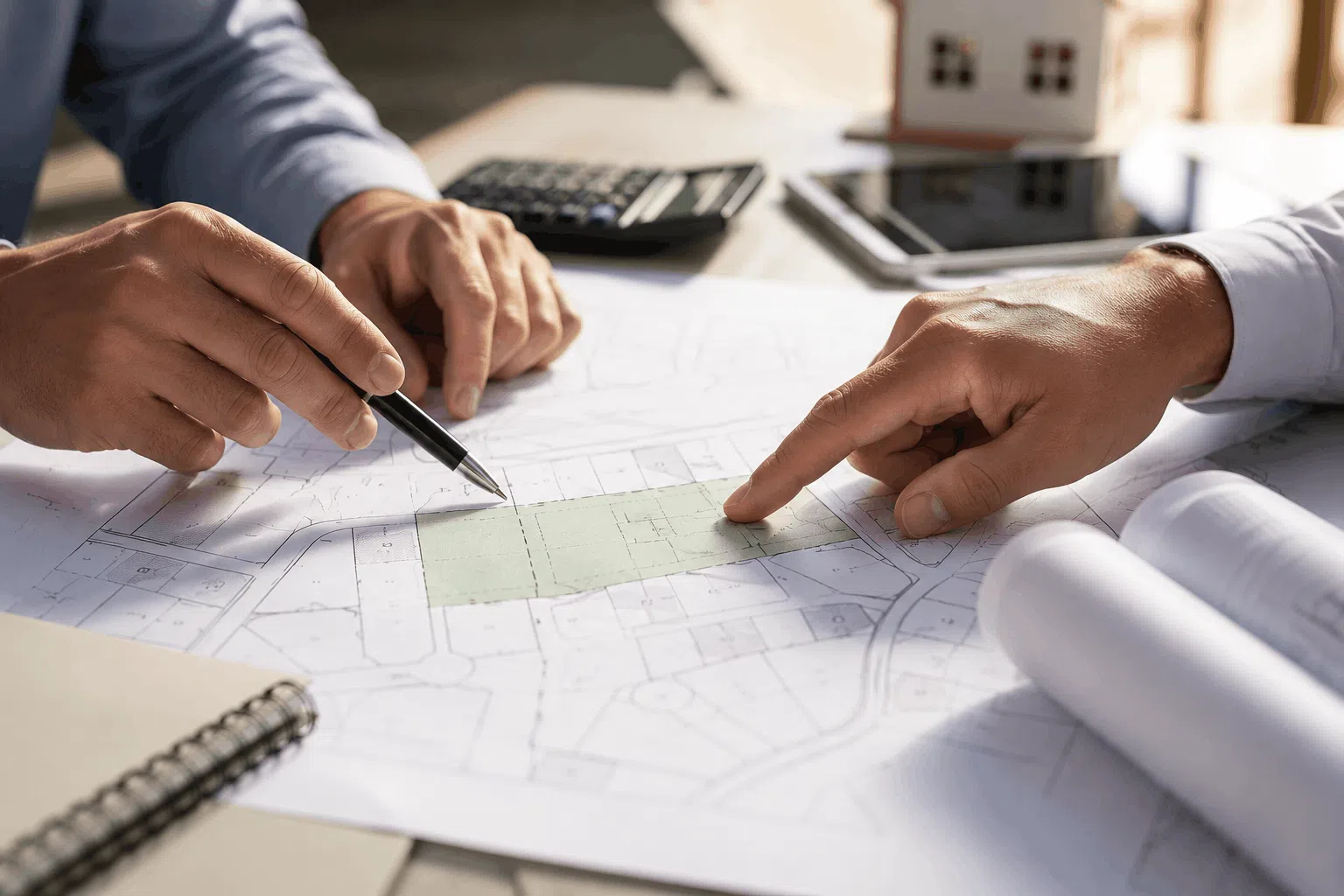 Home builder reviewing vacant land plans with a mortgage broker for land and construction finance in Melbourne, including low doc construction loan options and lender approval guidance.