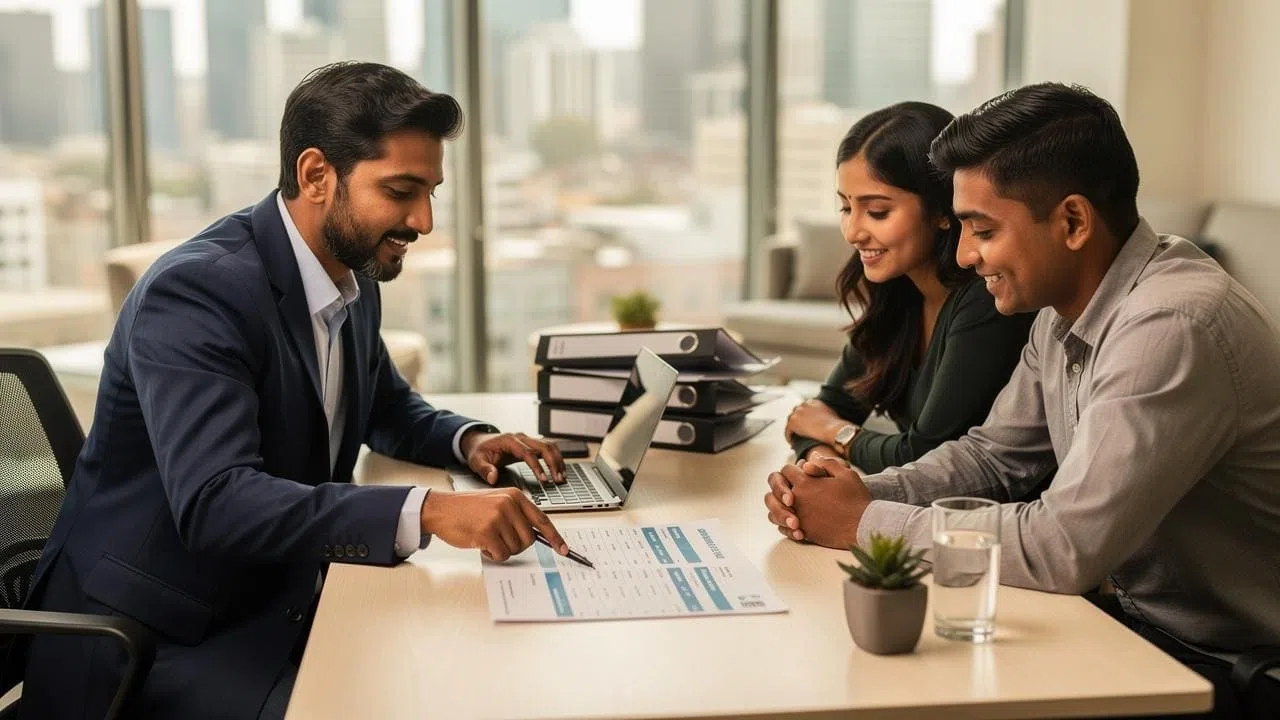 Bridging Finance Consultation Mortgage broker reviewing bridging finance options and property loan documents with homebuyers